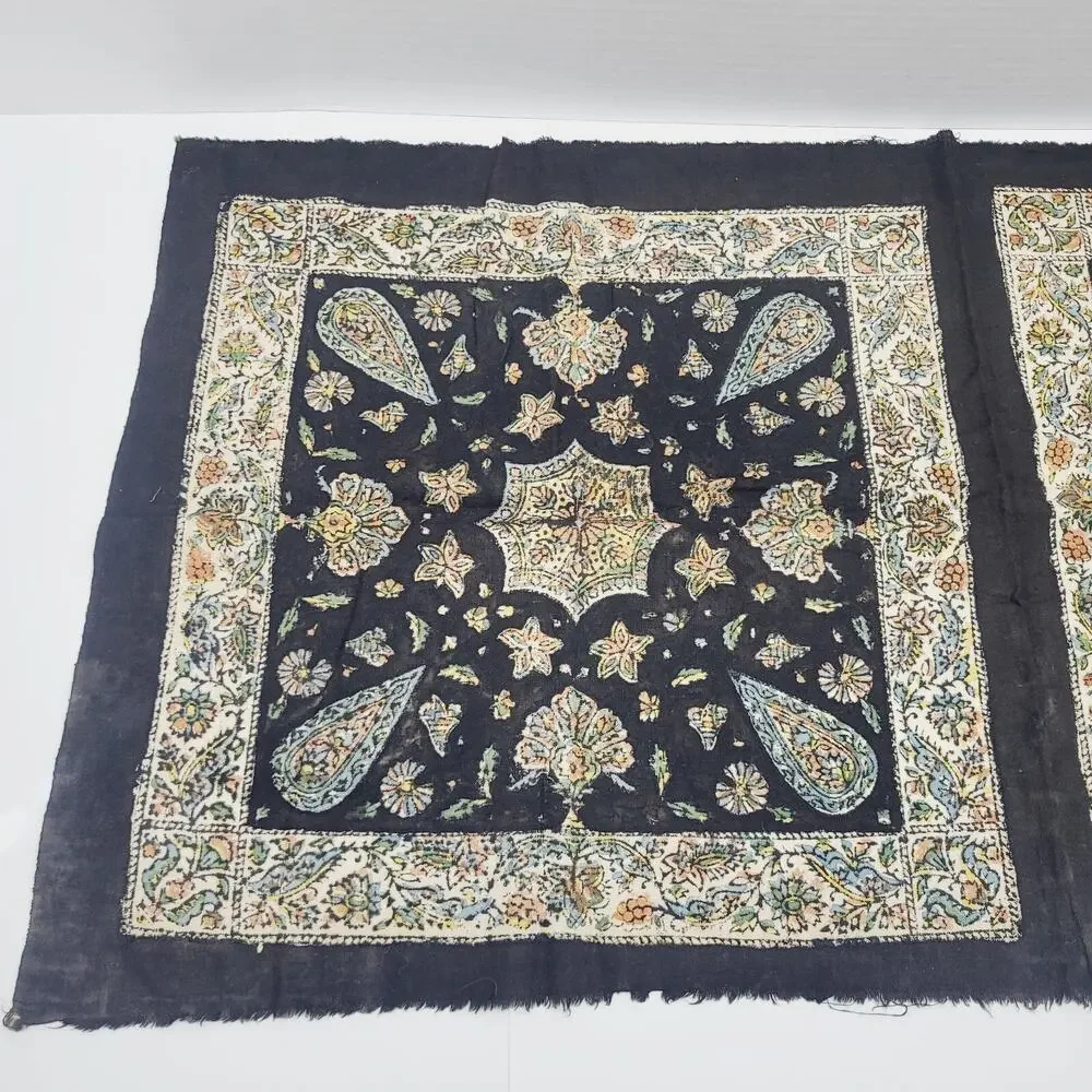 Vintage Turkish Black Mandala Floral Paisley Fabric Panels Turkey Made 2 Piece